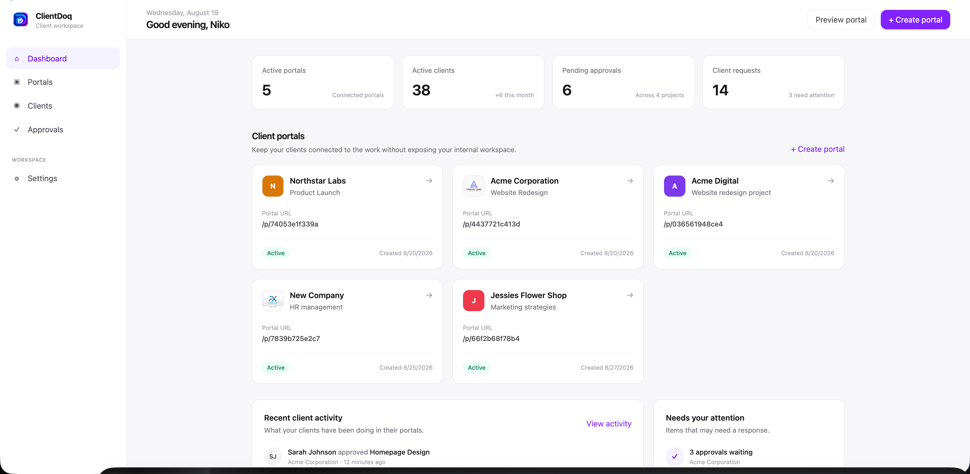 ClientDoq portal settings UI